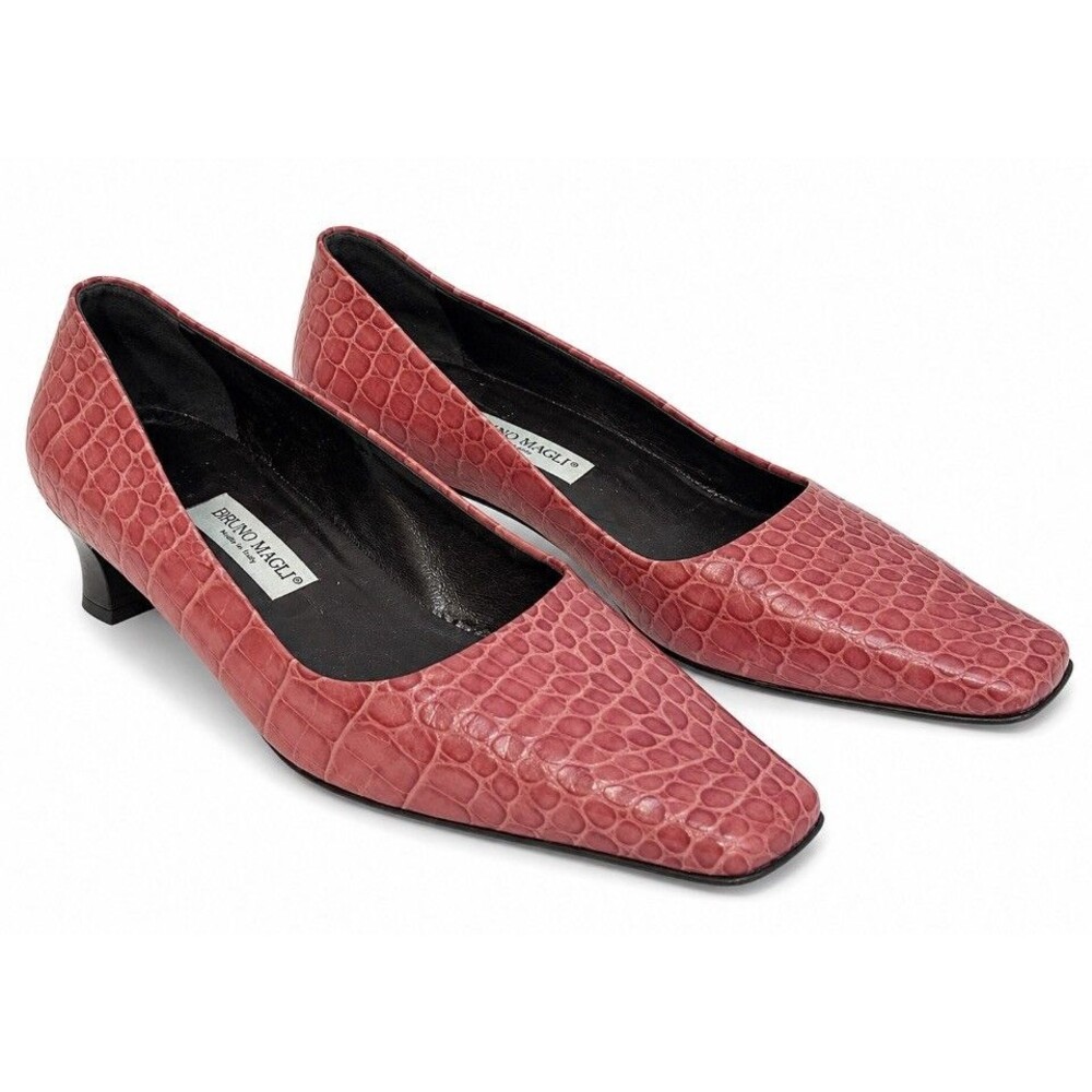 Bruno Magli Womens 38 Pink Croc Embossed Leather Pumps Square Toe Italy Vintage